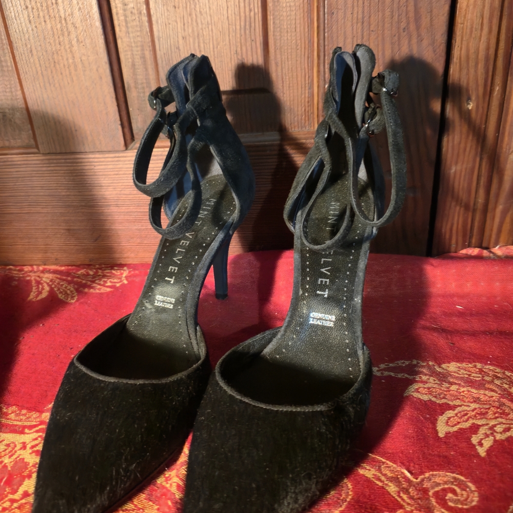Elegant Black Cow Hide Heels with Ankle Strap